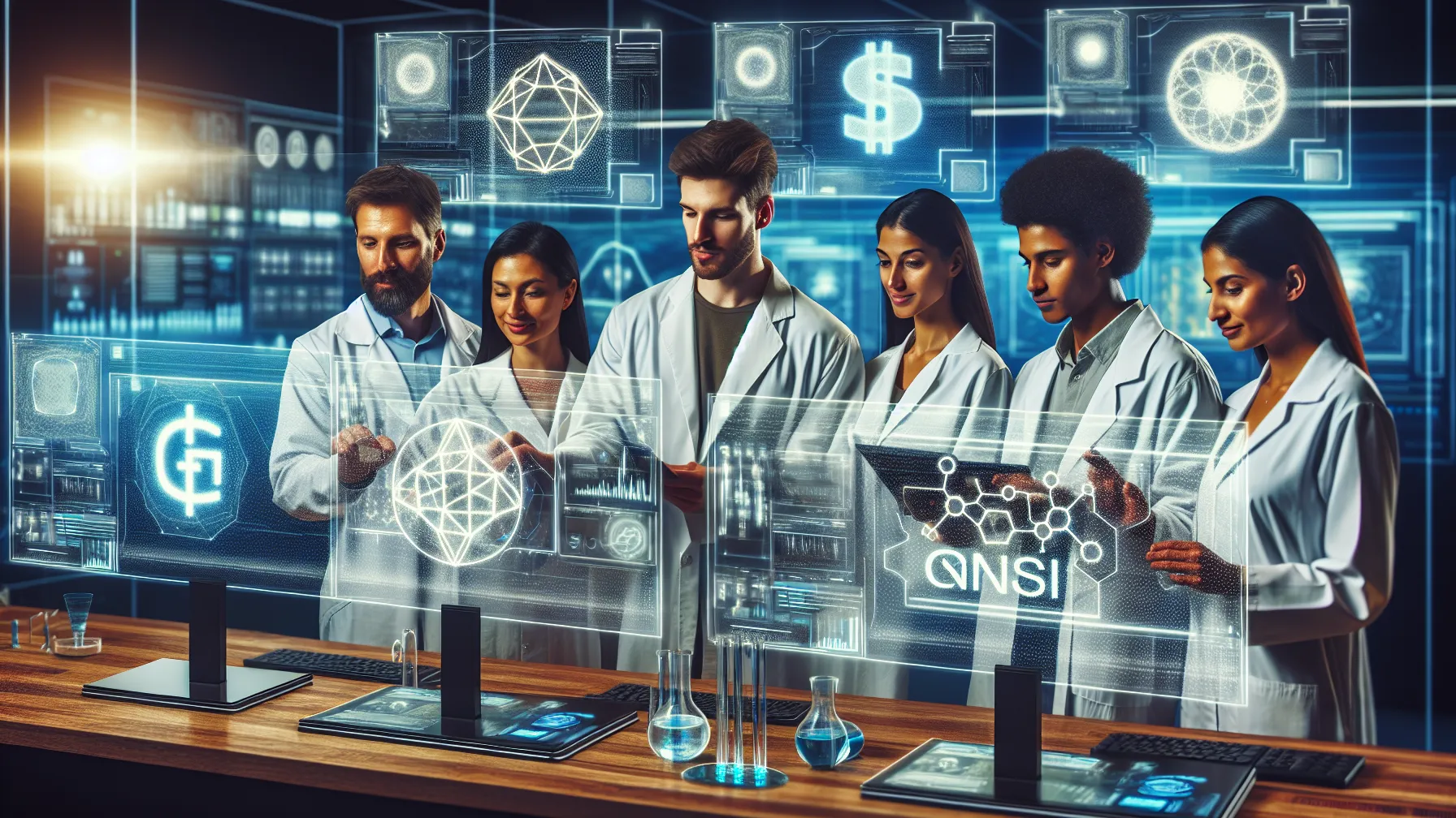 A group of scientists collaborating in a futuristic lab, each referencing blockchain data on holographic screens, with Gnosis logos floating. Scientists in a futuristic lab referencing blockchain data on holographic screens with Gnosis logos
