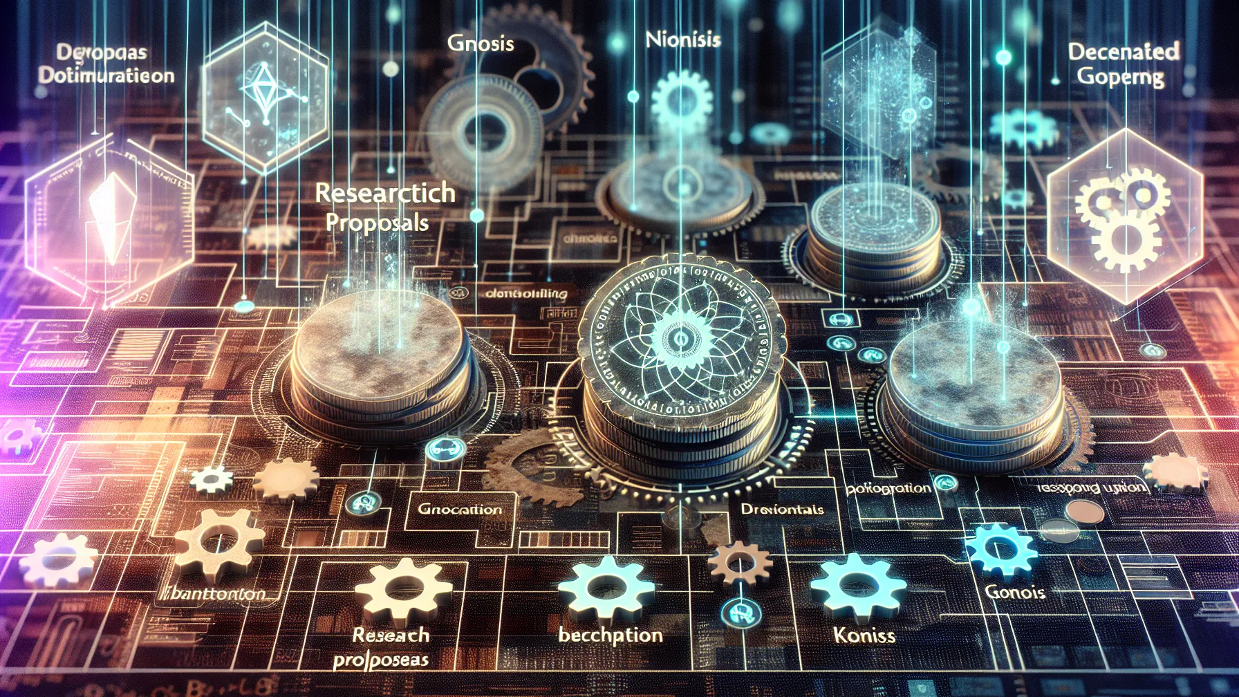 A digital ledger of research proposals where tokens represent funding stages, showcasing how Gnosis powers decentralized decision-making. Digital ledger of research proposals where tokens represent funding stages powered by Gnosis